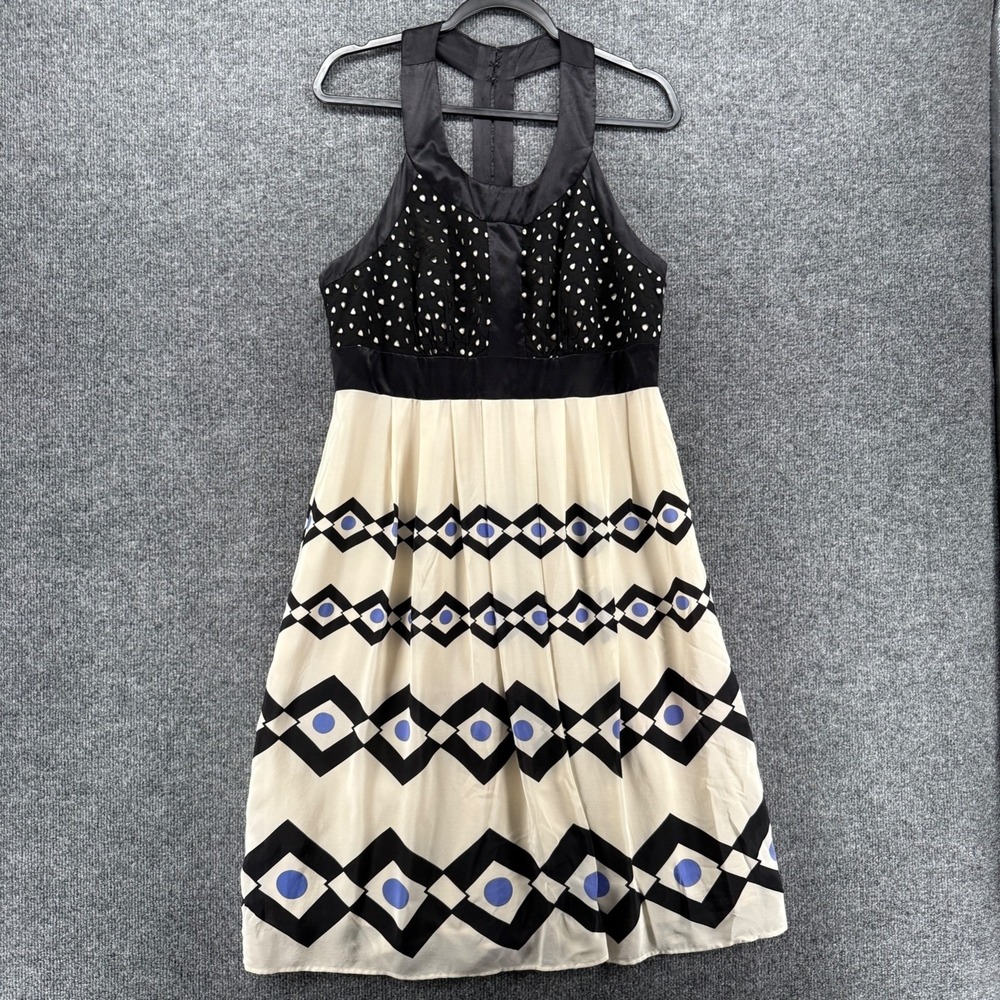 Jax Silk Dress Womens 14 Geometric Print A-Line 90s Evening Cocktail Party Chic